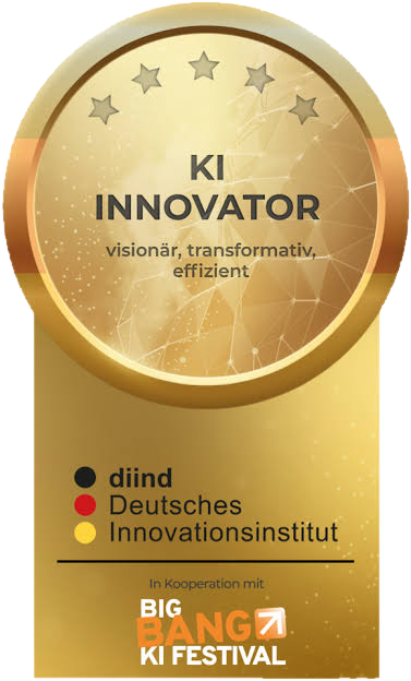 KI Innovator award badge – visionär, transformativ, effizient – diind Deutsches Innovationsinstitut, in Kooperation mit Big Bang KI Festival